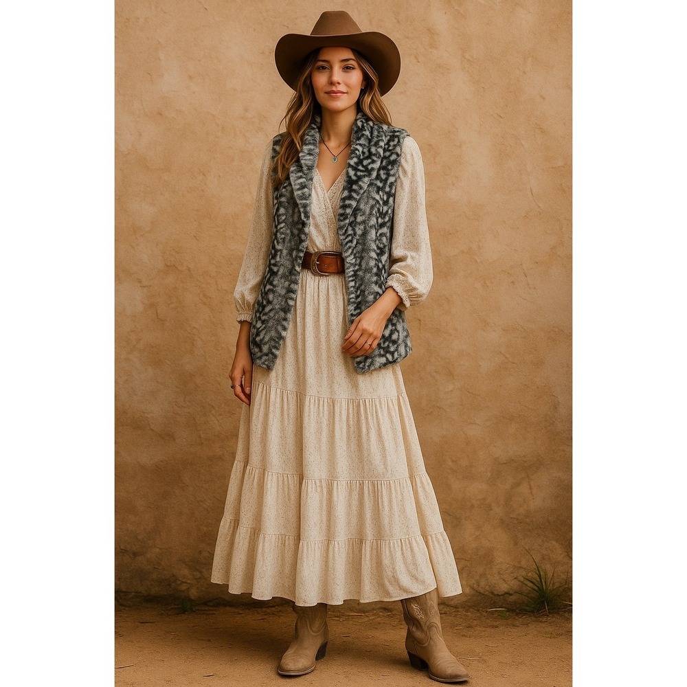 Western Boho Cowgirl Gray Black Ruffle Glam Coachella Rich Soft Faux Fur L Vest